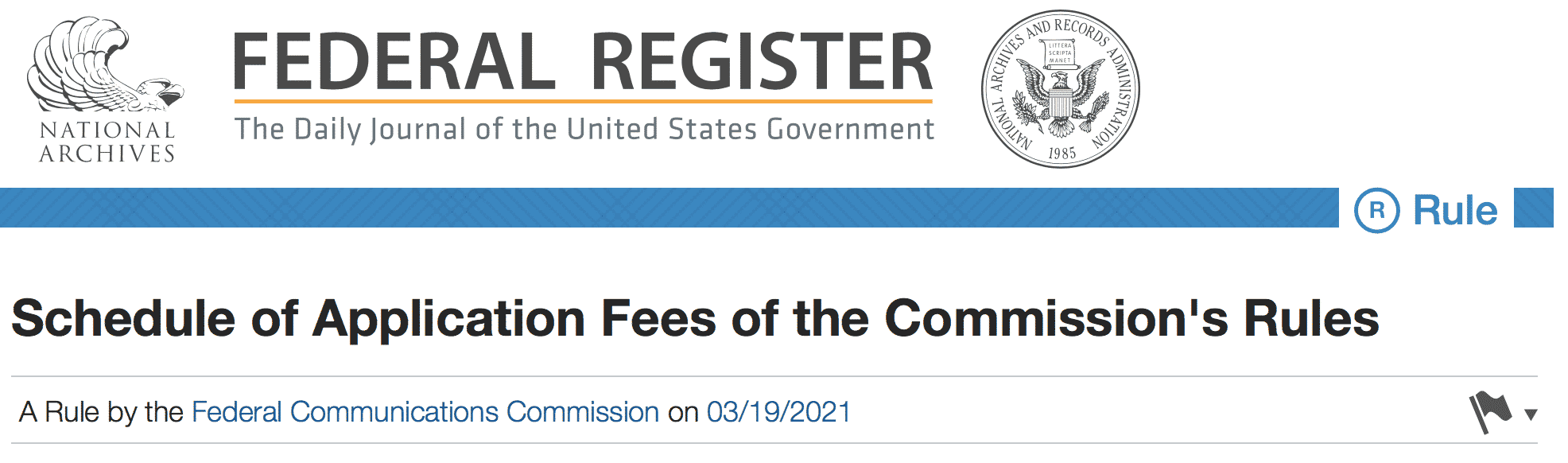 Header Image for FCC Federal Register License Fee Schedule Changes for March 19th 2021 Article